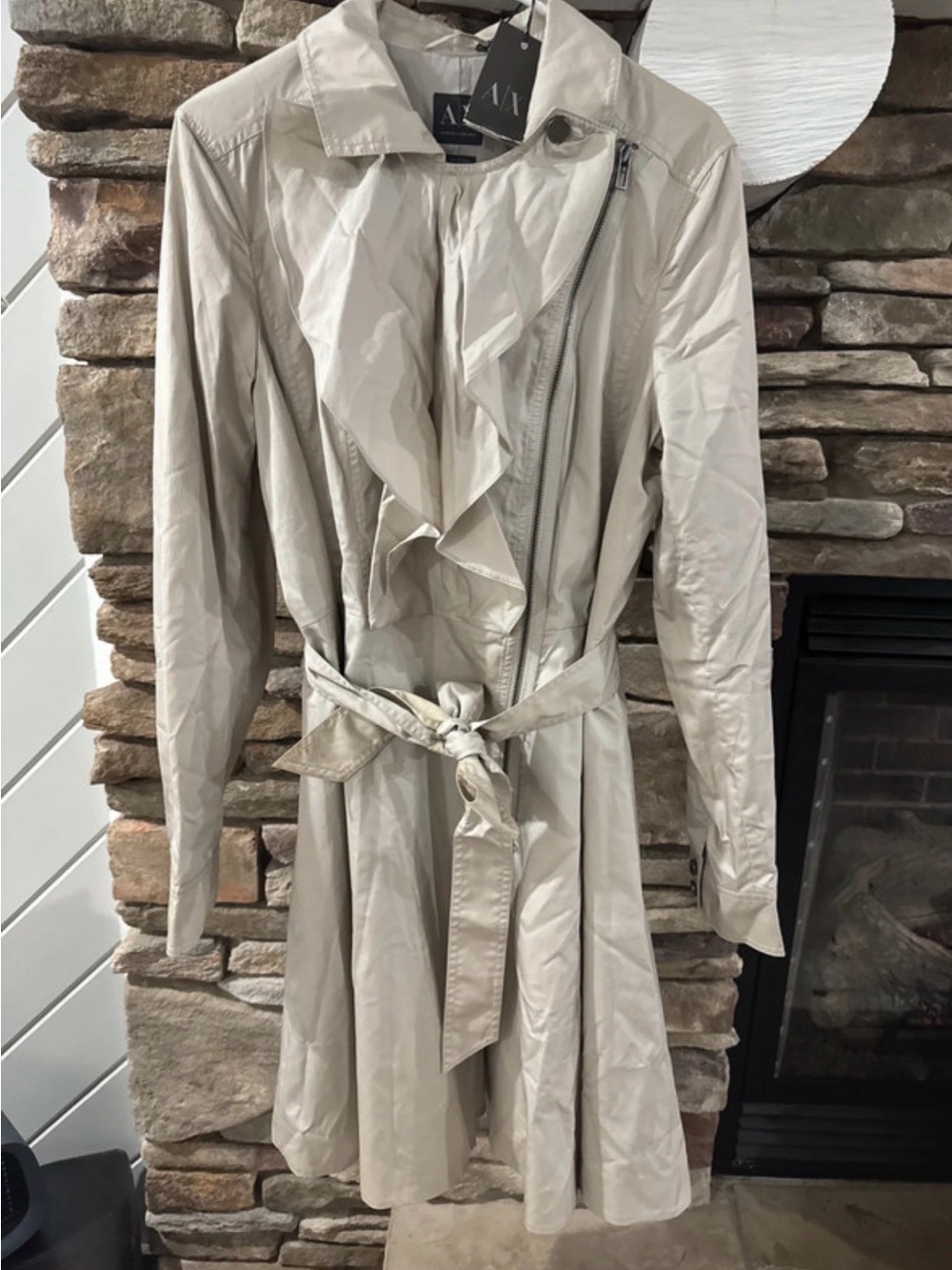 Armani Exchange Women's Light Cream Ruffle-Front Trench Coat